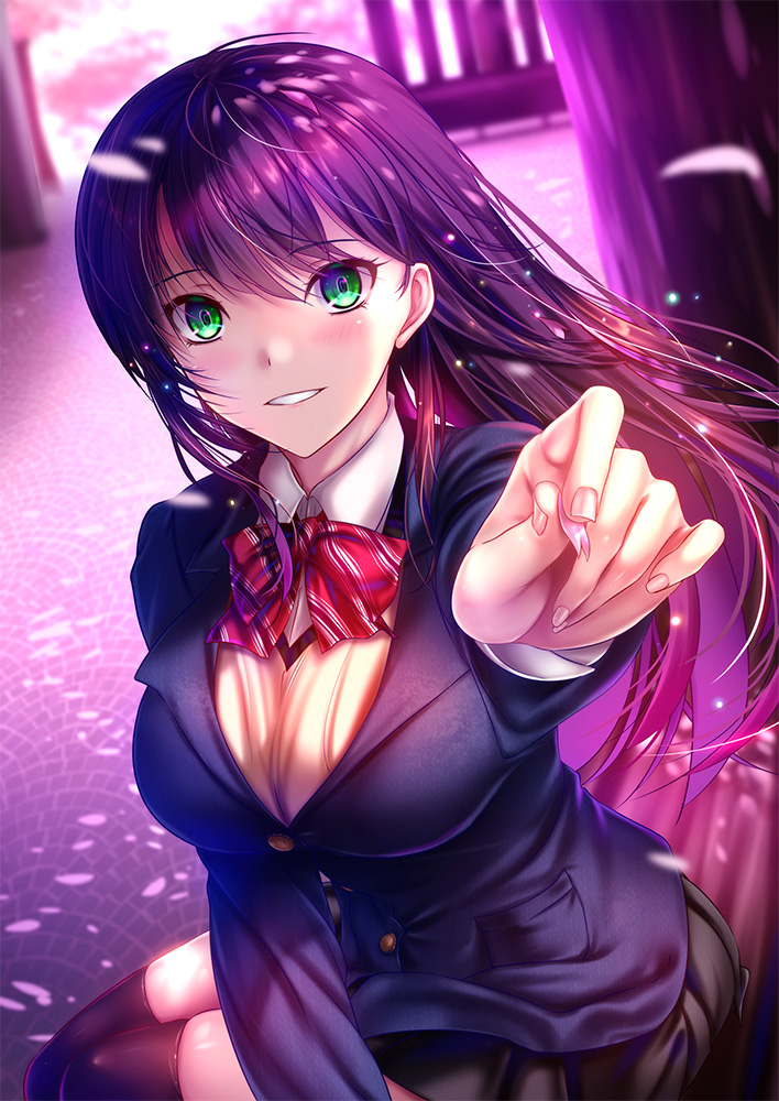 1girl akeyama_kitsune black_hair black_jacket black_legwear black_skirt bow bowtie breasts cherry_blossoms commentary_request green_eyes jacket large_breasts long_hair looking_at_viewer original pleated_skirt school_uniform sitting skirt smile solo thigh-highs vest