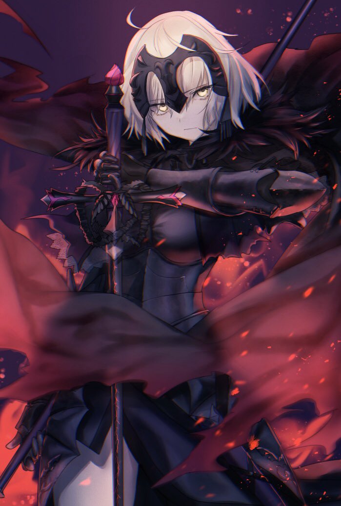 1girl ahoge akebono_kt armor armored_dress bangs black_armor breasts cape chain closed_mouth fate/grand_order fate_(series) faulds flag fur-trimmed_cape fur_collar fur_trim gauntlets headpiece jeanne_d'arc_(alter)_(fate) jeanne_d'arc_(fate)_(all) large_breasts looking_at_viewer pale_skin plackart short_hair silver_hair solo sword weapon yellow_eyes