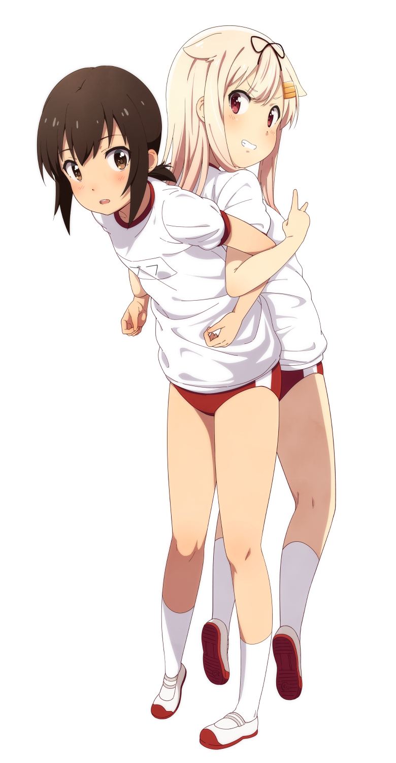 2girls bad_anatomy bad_perspective black_ribbon blonde_hair blush brown_eyes brown_hair buruma fubuki_(kantai_collection) full_body grin gym_shirt gym_uniform hair_between_eyes hair_flaps hair_ornament hair_ribbon hairclip highres jabittoson kantai_collection kneehighs long_hair multiple_girls name_tag red_buruma red_eyes remodel_(kantai_collection) ribbon shirt short_hair short_ponytail short_sleeves simple_background smile white_background white_legwear white_shirt yuudachi_(kantai_collection)