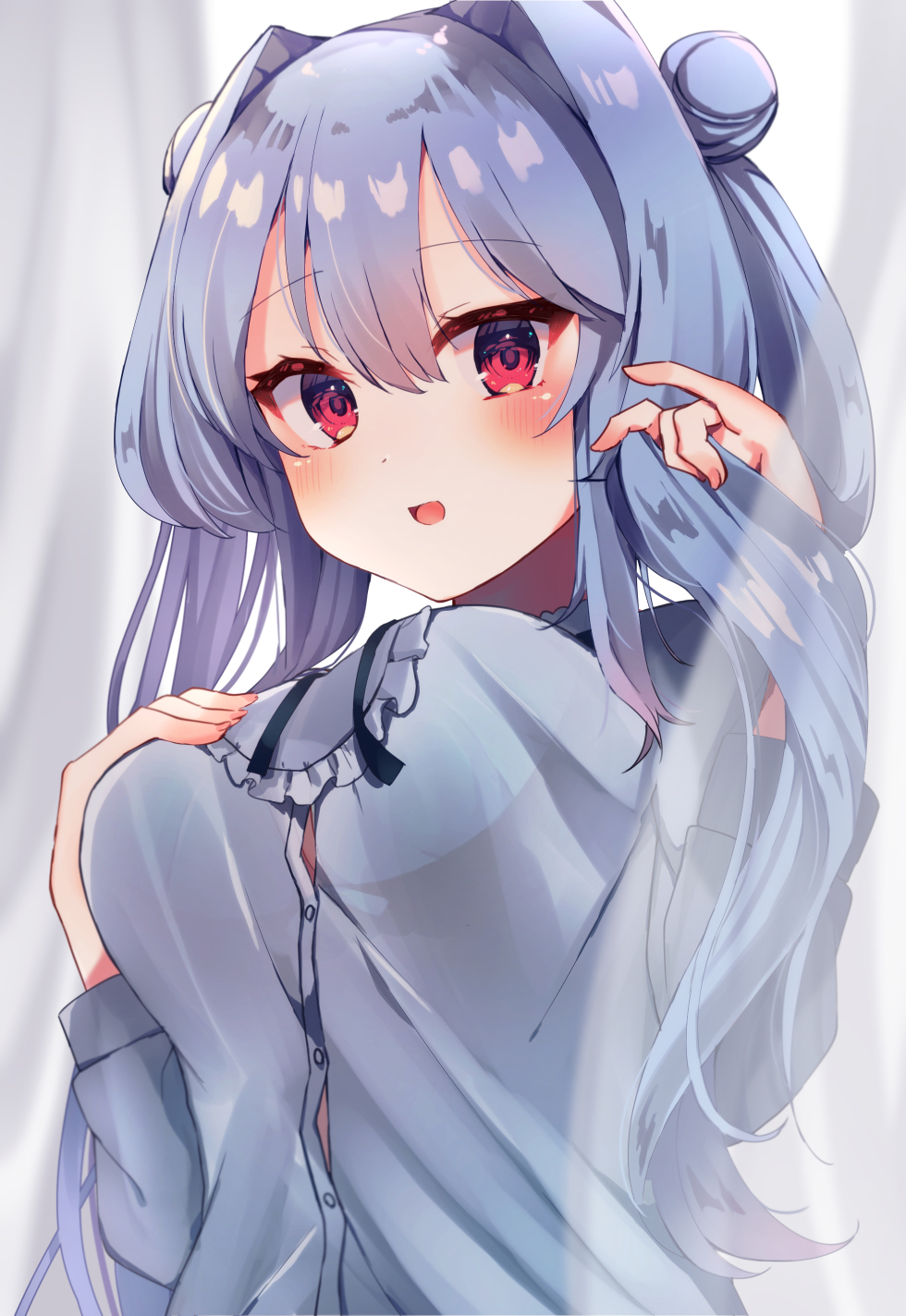 1girl :d bangs beniko_(ymdbnk) blue_hair blush breasts button_gap curtains dated double_bun dress_shirt eyebrows_visible_through_hair grey_shirt hair_between_eyes hair_intakes hand_on_own_chest highres large_breasts long_hair long_sleeves looking_at_viewer open_mouth original red_eyes shirt signature smile solo transparent twintails twintails_day upper_body