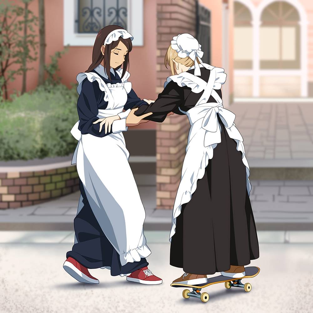 apron balancing blonde_hair brown_footwear brown_hair hand_on_another's_arm holding_on maid maid_apron maid_dress maid_headdress original outdoors red_footwear shoes skateboard sneakers suzushiro_(suzushiro333)