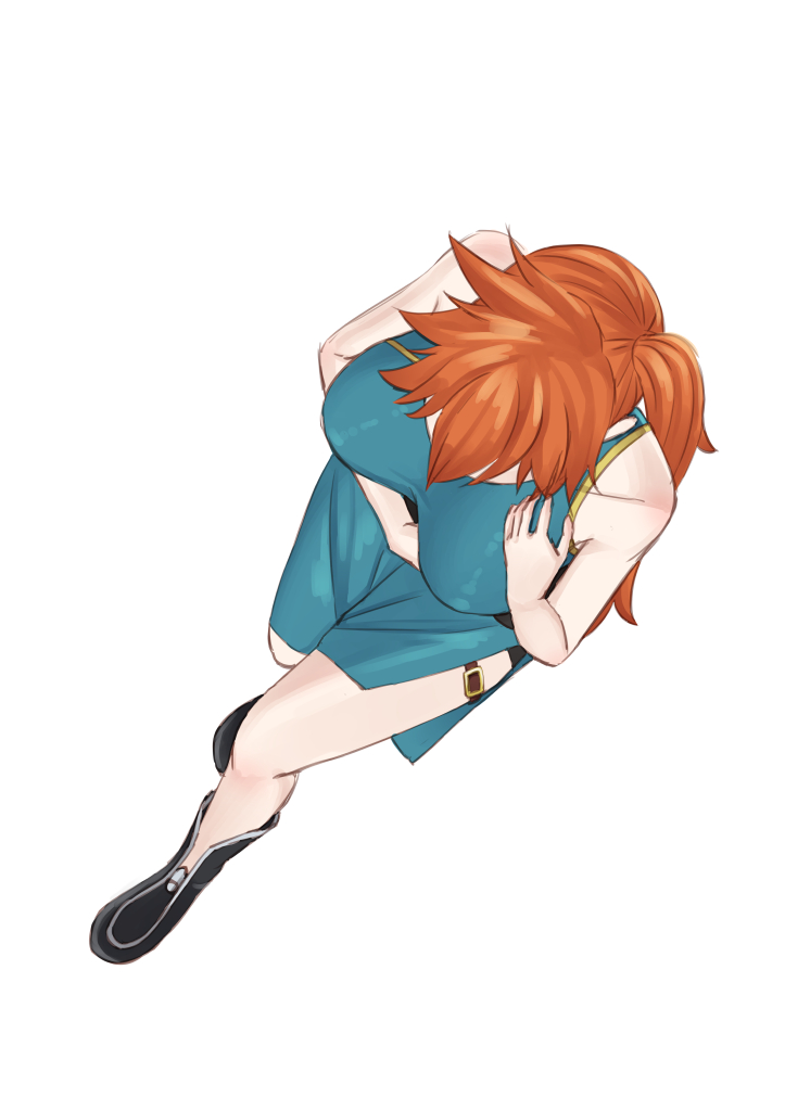 1girl bare_shoulders black_footwear boku_no_hero_academia breasts commentary_request easy_(aqk7bdqt) from_above full_body kendou_itsuka large_breasts long_hair orange_hair side_ponytail side_slit simple_background solo thigh_strap white_background