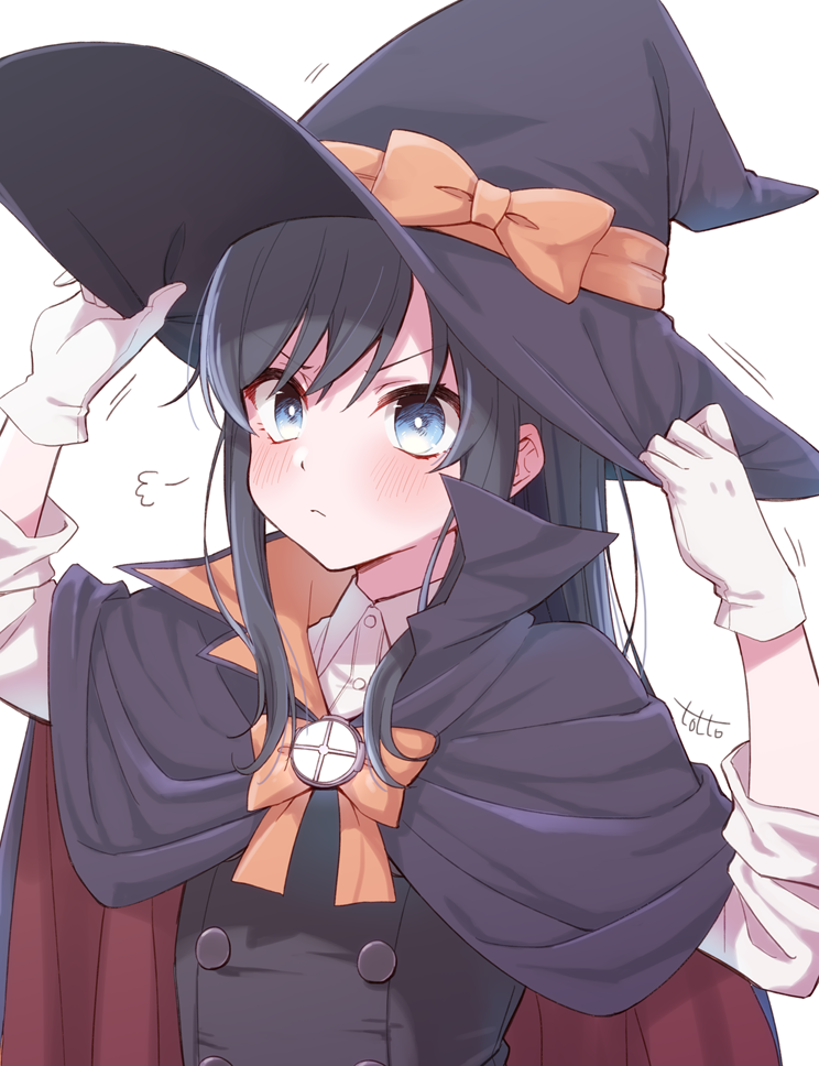 1girl adjusting_clothes adjusting_hat artist_name asashio_(kantai_collection) black_hair blue_eyes blush bow bowtie cape commentary_request eyebrows_visible_through_hair gloves halloween halloween_costume hand_on_headwear hat kantai_collection long_hair long_sleeves orange_bow remodel_(kantai_collection) school_uniform shirt solo totto_(naka) upper_body white_shirt witch_hat