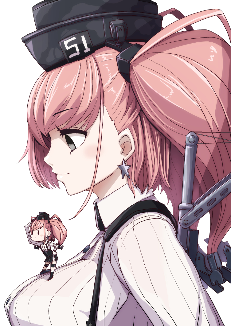 2girls anchor_hair_ornament atlanta_(kantai_collection) bangs black_eyes blush boushi-ya breasts brown_hair earrings eyebrows_visible_through_hair fairy_(kantai_collection) from_side garrison_cap hair_ornament hat headgear jewelry kantai_collection large_breasts long_hair minigirl multiple_girls profile rigging simple_background single_earring skirt smile star star_earrings suspender_skirt suspenders twintails upper_body white_background