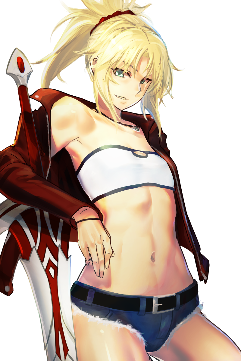 1girl aqua_eyes bandeau bangs bare_shoulders belt blonde_hair clarent cowboy_shot cutoffs denim denim_shorts fate/apocrypha fate/grand_order fate_(series) flat_chest hair_ornament hair_scrunchie highres i-pan jacket jewelry long_sleeves looking_at_viewer micro_shorts midriff mordred_(fate) mordred_(fate)_(all) navel necklace off_shoulder open_clothes open_jacket ponytail red_jacket red_scrunchie scrunchie short_hair shorts sidelocks smile solo stomach strapless sword thighs tubetop weapon white_background