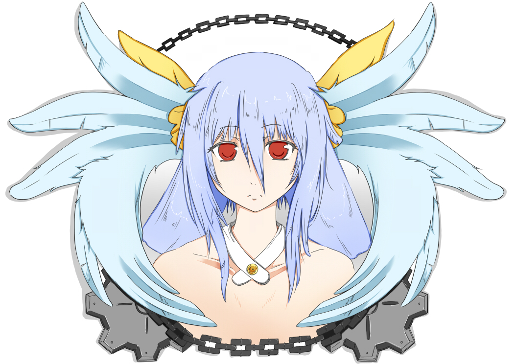 1girl blue_hair chain chest choker closed_mouth dizzy_(guilty_gear) dokkanohukukaityou feathers gears guilty_gear guilty_gear_x guilty_gear_xx hair_between_eyes hair_ribbon long_hair looking_at_viewer portrait red_eyes ribbon solo