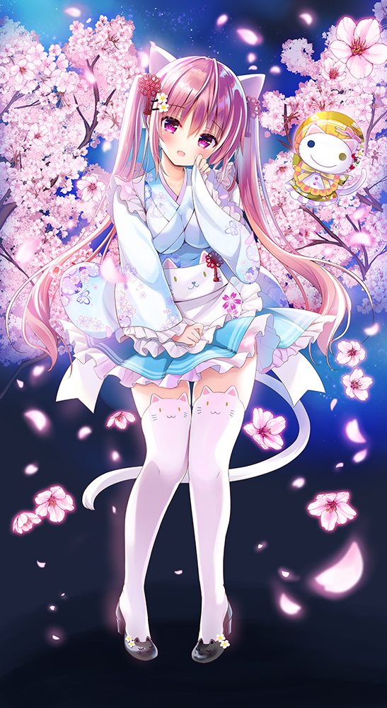 1girl :d animal_band_legwear animal_ears apron bangs black_footwear blue_eyes blue_kimono blue_skirt blush breasts brown_eyes cat_band_legwear cat_ears cat_girl cat_tail commentary_request eyebrows_visible_through_hair flower frilled_apron frilled_skirt frilled_sleeves frills full_body hair_between_eyes hand_up head_tilt heterochromia japanese_clothes kimono long_hair long_sleeves medium_breasts open_mouth original pink_flower pink_hair pleated_skirt shiwasu_horio shoes skirt sleeves_past_wrists smile solo standing tail thigh-highs tree_branch twintails very_long_hair violet_eyes waist_apron white_apron white_legwear wide_sleeves