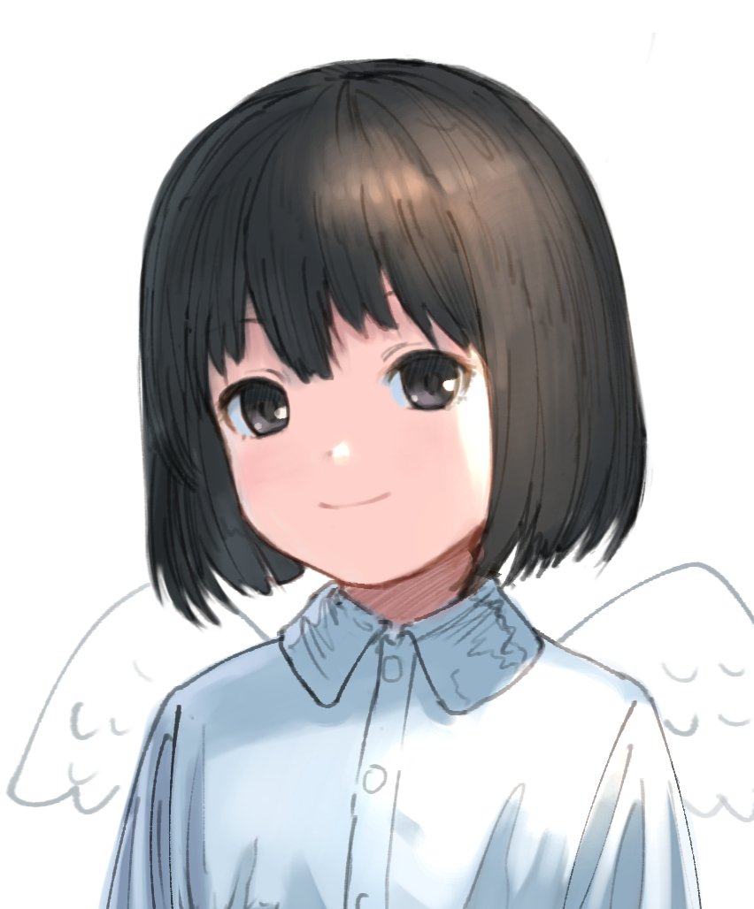 1girl angel_wings black_eyes black_hair bob_cut closed_mouth collared_shirt dress_shirt feathered_wings looking_at_viewer original shirt short_hair smile solo wasabi60 white_shirt wing_collar wings