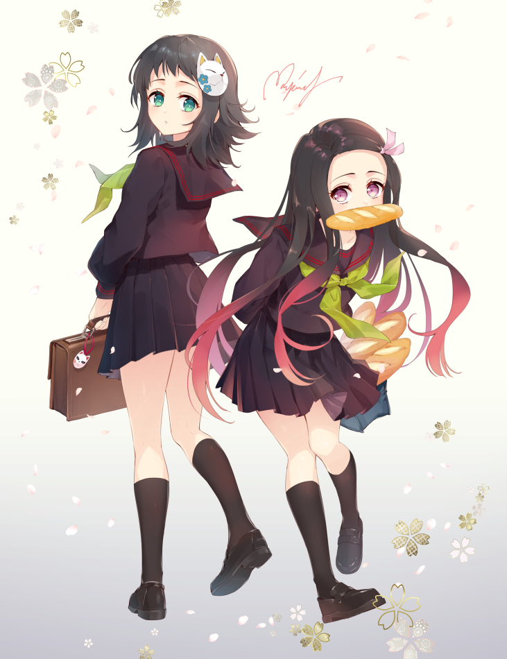 2girls aqua_eyes bag baguette bangs black_footwear black_legwear black_sailor_collar black_serafuku black_shirt black_skirt bread character_mask cherry_blossoms commentary food food_in_mouth forehead fox_hair_ornament fox_mask from_behind full_body gradient gradient_background gradient_hair green_neckwear hair_ribbon holding holding_bag kamado_nezuko kimetsu_no_yaiba kneehighs loafers long_sleeves looking_at_viewer looking_back makomo_(kimetsu) mask mask_on_head medium_hair multicolored_hair multiple_girls neckerchief parted_lips pink_eyes pink_ribbon pleated_skirt ribbon rupinesu sabito_(kimetsu) sailor_collar school_bag school_uniform serafuku shirt shoes signature skirt sleeve_cuffs