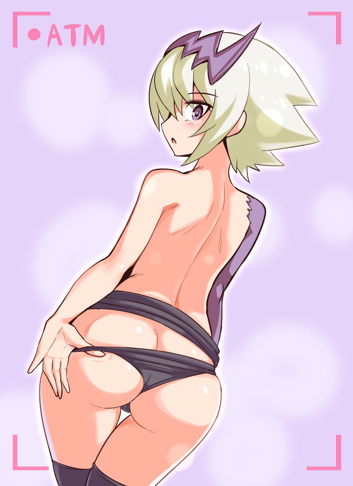 1girl ass blush cougar1404 dragon:_marked_for_death empress_(dmfd) hair_ornament looking_at_viewer looking_back open_mouth panties short_hair solo thigh-highs underwear