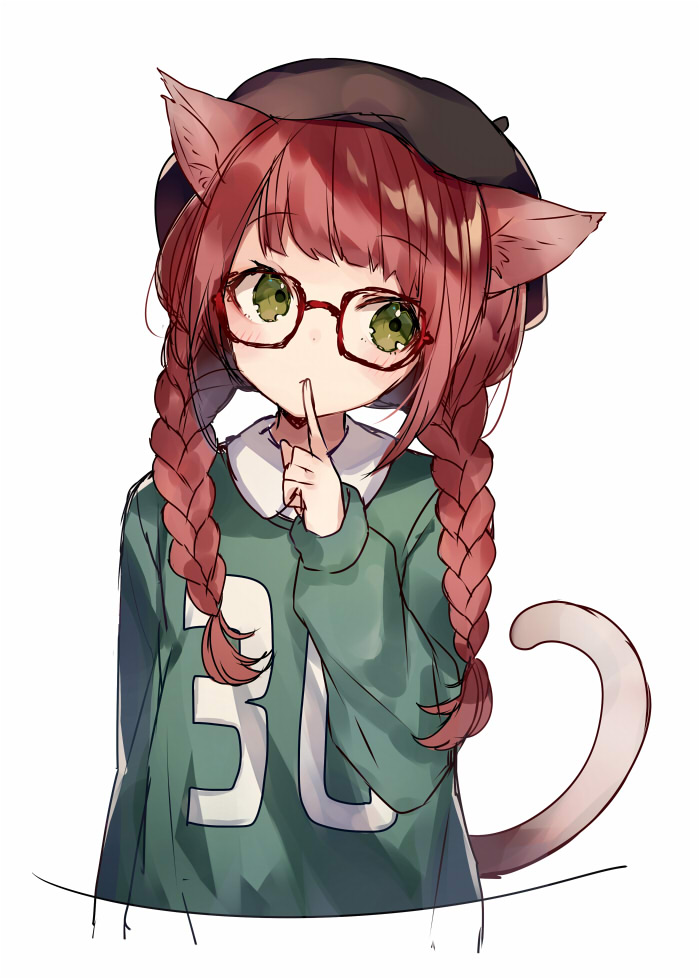 1girl animal_ears black_headwear braid cat_ears cat_girl cat_tail cropped_torso green_eyes green_shirt hair_over_shoulder hand_up index_finger_raised long_hair long_sleeves looking_to_the_side low_twintails original redhead shirt shugao simple_background sketch solo tail twin_braids twintails white_background