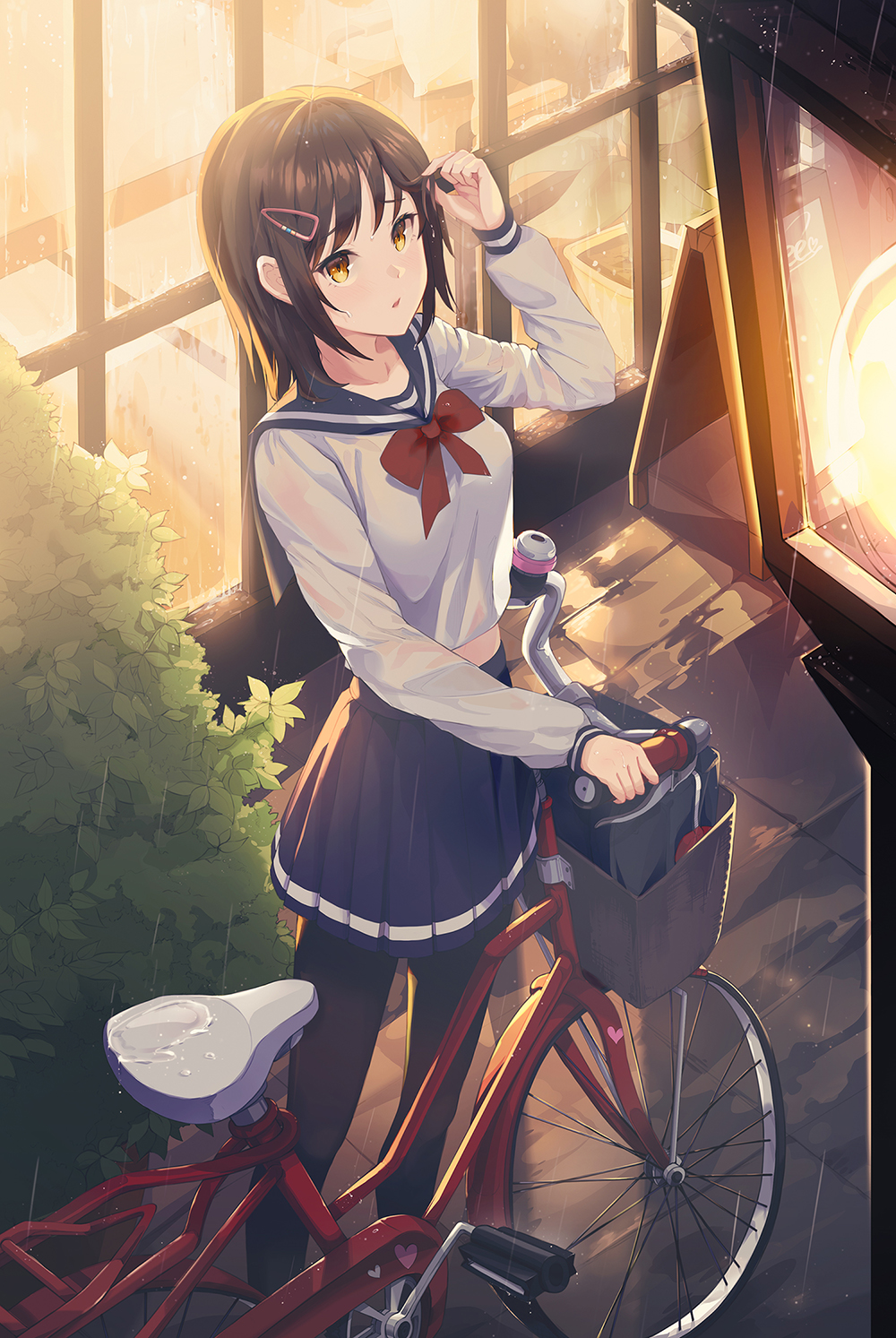 1girl backlighting bag bangs bicycle bicycle_basket black_legwear bow bowtie breasts brown_hair bush crop_top dripping from_above ground_vehicle hair_ornament hairclip hand_up heart highres holding holding_hair lamppost menu_board midriff midriff_peek night orange_eyes original outdoors pantyhose parted_lips pistachiocream pleated_skirt rain sailor_collar school_bag school_uniform see-through see-through_silhouette serafuku sidelocks skirt solo standing storefront water wet wet_clothes wet_hair window