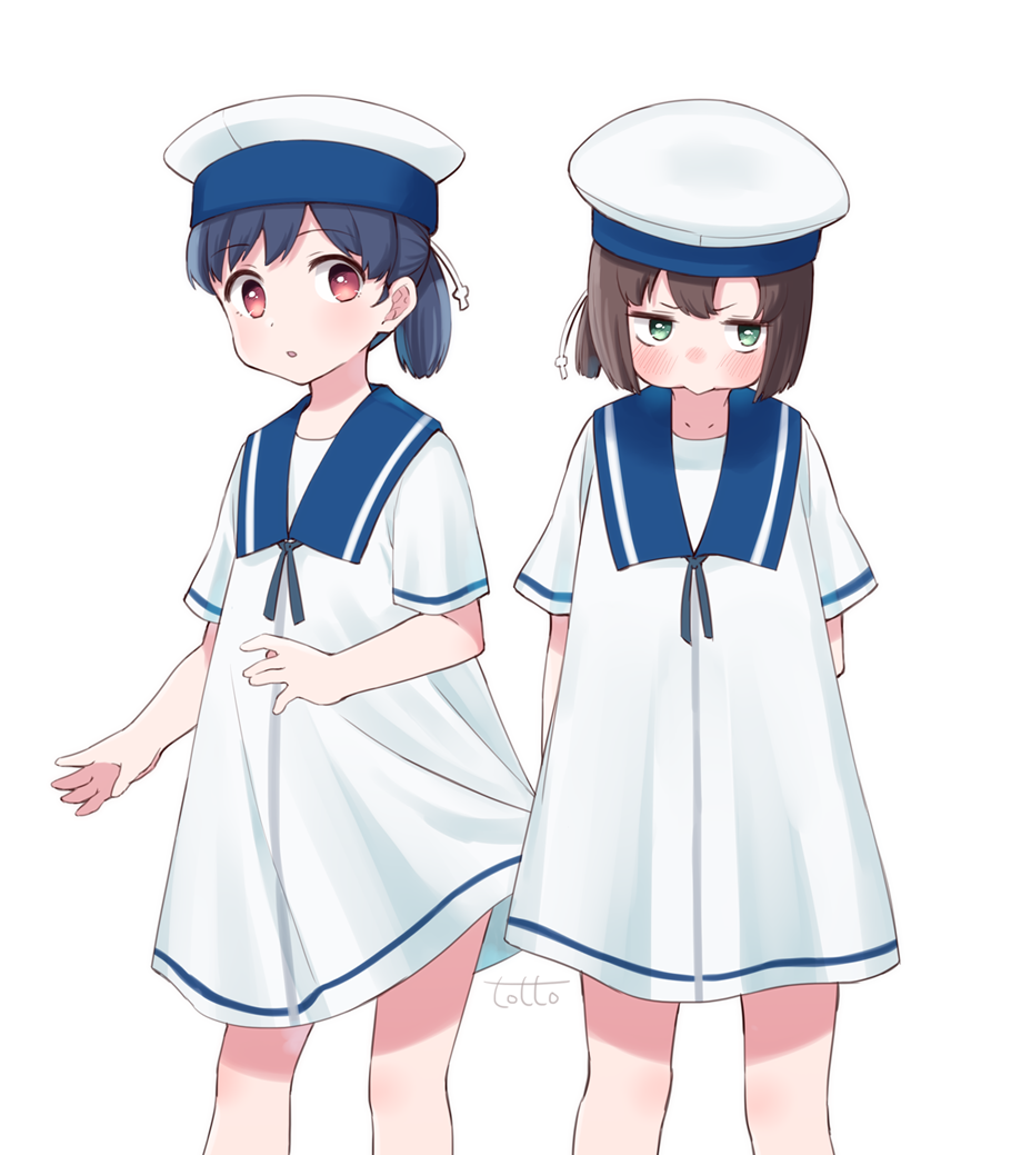 2girls arms_behind_back artist_name bangs black_hair blue_sailor_collar blush brown_hair commentary_request daitou_(kantai_collection) dress dress_pull eyebrows_visible_through_hair green_eyes hat hiburi_(kantai_collection) high_ponytail kantai_collection looking_at_viewer multiple_girls pout pulled_by_another red_eyes sailor_collar sailor_dress sailor_hat short_hair short_sleeves sidelocks simple_background totto_(naka) white_background white_dress white_headwear