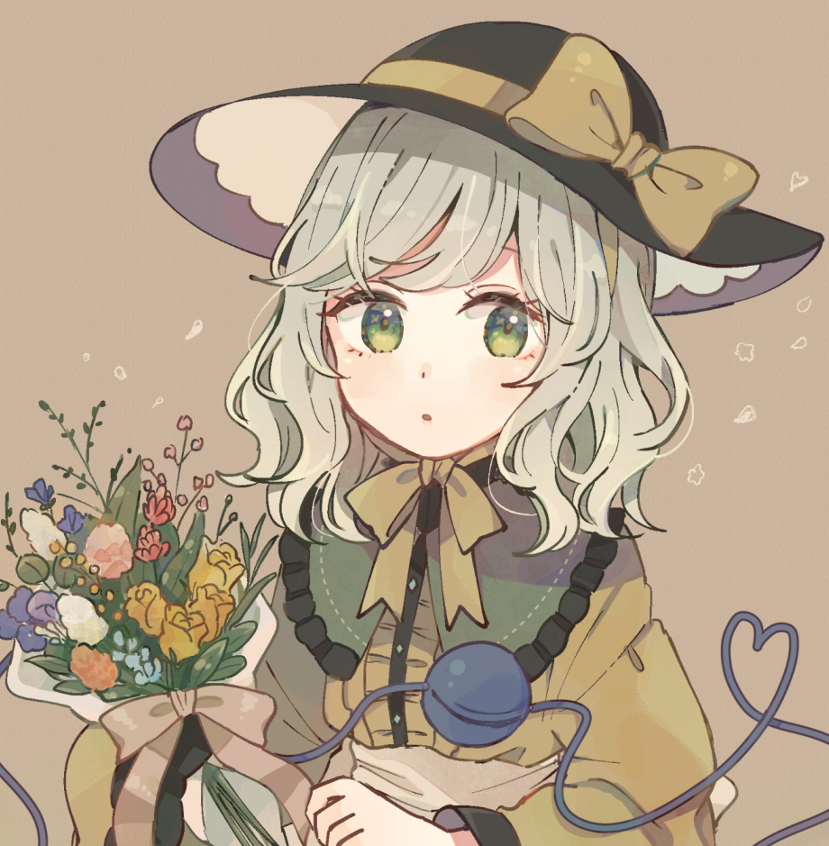 1girl black_headwear bouquet bow brown_background chin_strap flower frills green_eyes green_hair hat hat_bow heart heart_of_string holding holding_bouquet long_sleeves looking_at_viewer medium_hair mozukuzu_(manukedori) shirt solo third_eye touhou upper_body yellow_bow yellow_shirt