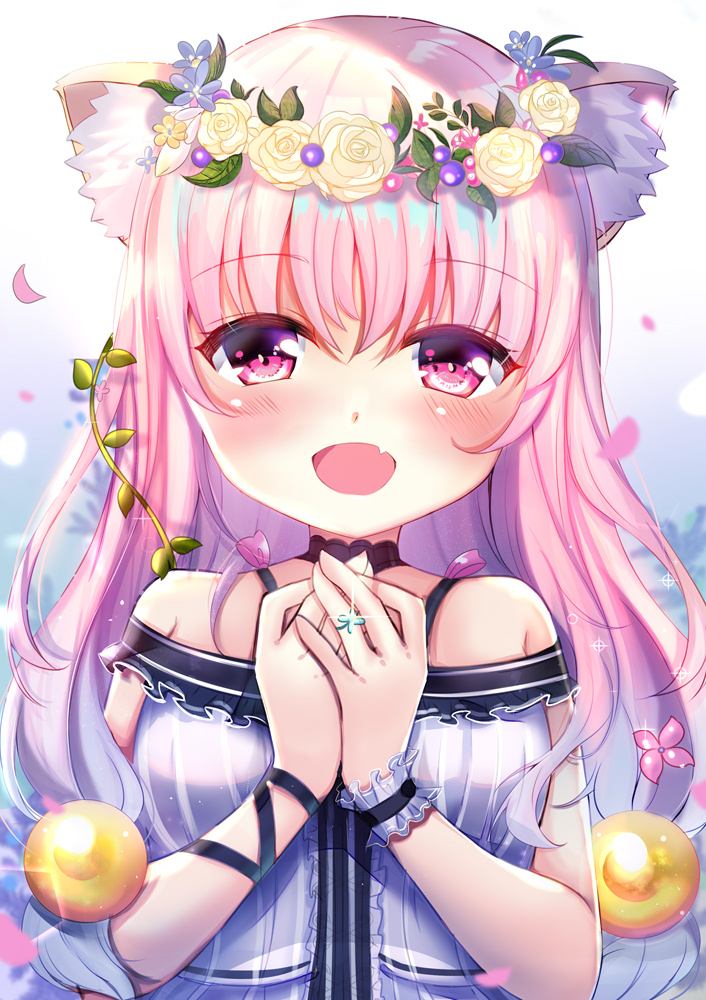 1girl :d animal_ear_fluff animal_ears bangs bare_shoulders blue_flower blue_hair blush cat_ears commentary_request dress eyebrows_visible_through_hair fang flower flower_wreath glint gradient_hair hair_between_eyes hair_ornament hands_together hands_up head_wreath jewelry long_hair looking_at_viewer lydia601304 multicolored_hair off-shoulder_dress off_shoulder open_mouth original own_hands_together pink_hair red_eyes ring rose smile solo upper_body very_long_hair white_dress wrist_cuffs yellow_flower yellow_rose