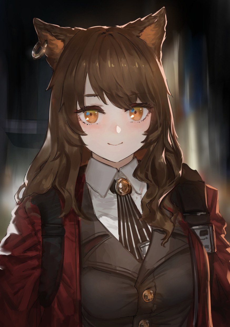 1girl animal_ears arknights black_jacket blazer breasts brown_eyes brown_hair buttons cat_ears closed_mouth collared_shirt ear_piercing ex-trident highres jacket long_hair looking_at_viewer medium_breasts necktie open_clothes open_jacket piercing red_jacket shirt skyfire_(arknights) smile solo strap undershirt upper_body white_shirt wing_collar