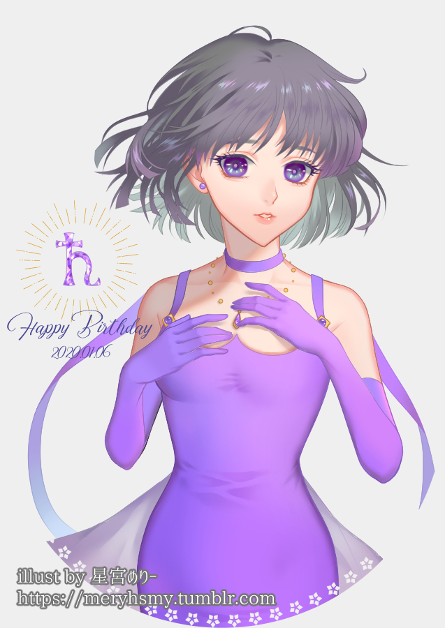 1girl 2019 bishoujo_senshi_sailor_moon black_hair breasts choker collarbone dated dress earrings elbow_gloves gloves grey_background happy_birthday jewelry looking_at_viewer meryhsmy parted_lips purple_dress purple_gloves purple_ribbon ribbon ribbon_choker shiny shiny_hair short_hair sleeveless sleeveless_dress small_breasts solo standing tomoe_hotaru violet_eyes watermark web_address