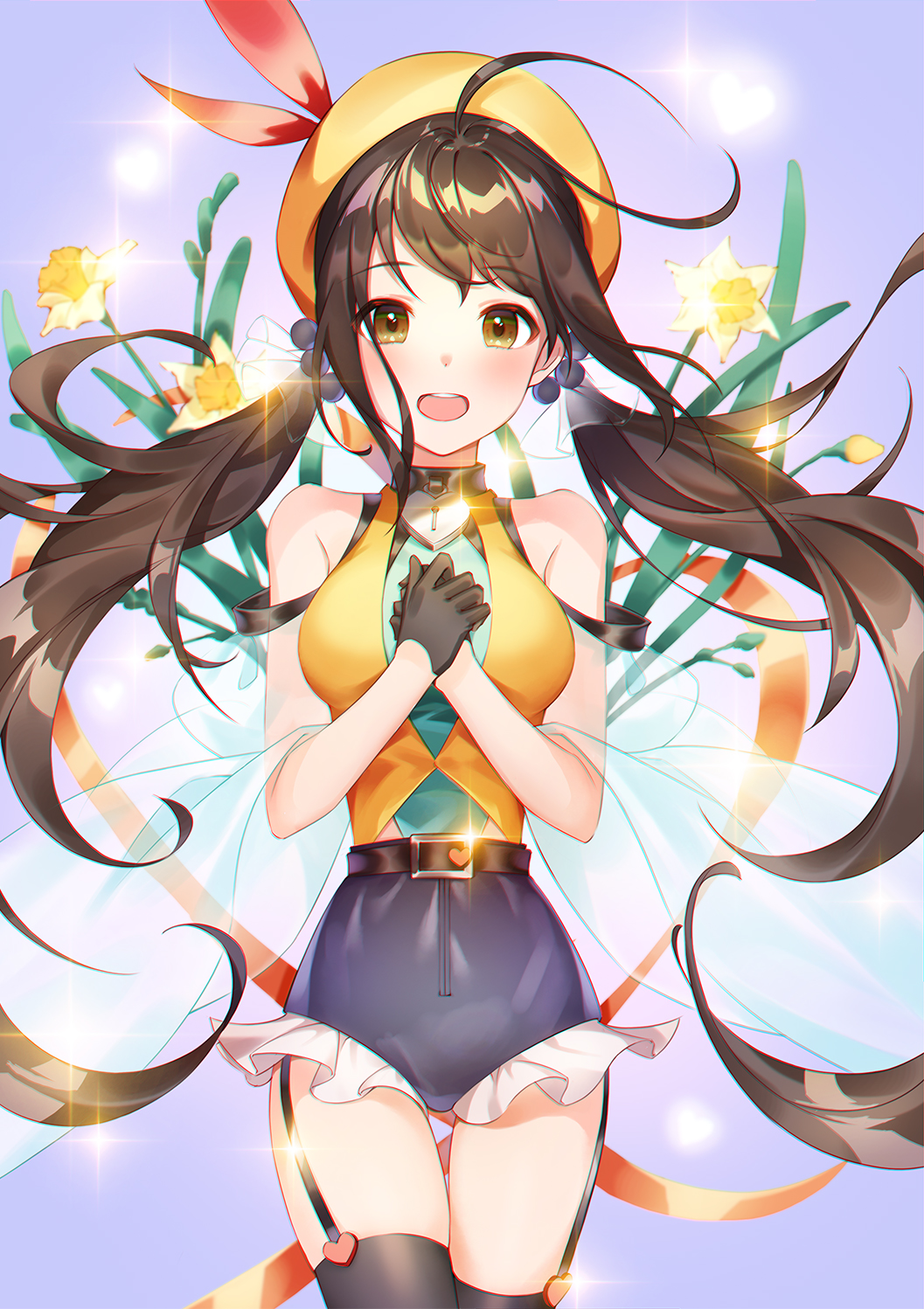 1girl :d ahoge bare_shoulders belt black_gloves black_legwear black_shorts breasts brown_eyes brown_hair commentary_request cowboy_shot garter_straps gloves hair_ornament hands_on_own_chest highres idolmaster idolmaster_cinderella_girls idolmaster_cinderella_girls_starlight_stage long_hair looking_at_viewer medium_breasts nakano_yuka open_mouth own_hands_together redamon see-through shirt short_shorts shorts sleeveless sleeveless_shirt smile solo thigh-highs thighs twintails yellow_headwear yellow_shirt