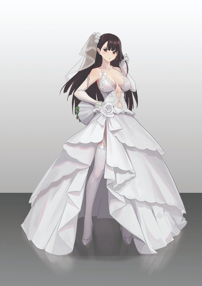 1girl bangs blush bouquet breasts bridal_veil bride detached_sleeves dress elbow_gloves field flower flower_field garter_straps girls_frontline gloves hair_flower hair_ornament high_heels large_breasts loading_(vkjim0610) long_hair looking_to_the_side one_side_up open_mouth red_eyes rose skirt thigh-highs veil wa2000_(girls_frontline) wedding_dress white_dress white_flower white_footwear white_legwear white_rose white_skirt