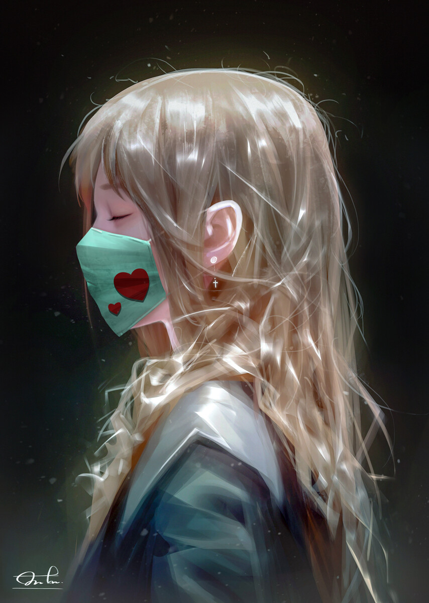 1girl blonde_hair closed_eyes dark_background earrings glowing glowing_hair heart heart_pattern highres jewelry long_hair mask messy_hair mouth_mask original portrait profile razaras realistic school_uniform signature solo surgical_mask wavy_hair