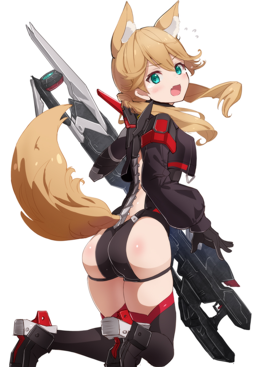 1girl alice_gear_aegis animal_ear_fluff animal_ears ass black_footwear black_gloves black_jacket blonde_hair blue_eyes boots commentary_request cropped_jacket fang fox_ears fox_girl fox_tail fuku_kitsune_(fuku_fox) gloves hair_over_shoulder highres jacket kotomura_akane long_hair long_sleeves looking_at_viewer low_twintails open_mouth simple_background skindentation solo tail thigh-highs thigh_boots twintails weapon white_background