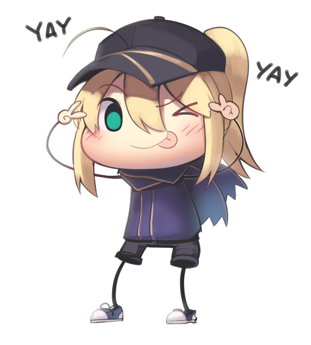 &gt;_o 1girl :p ahoge artoria_pendragon_(all) baseball_cap black_headwear black_shorts blonde_hair blue_footwear blush boa_(brianoa) chibi double_v fate/grand_order fate_(series) green_eyes hair_between_eyes hands_up hat highres jacket looking_at_viewer mysterious_heroine_x one_eye_closed ponytail purple_jacket purple_scarf scarf shoes shorts sidelocks simple_background smile solo standing tongue tongue_out v v_over_eye white_background