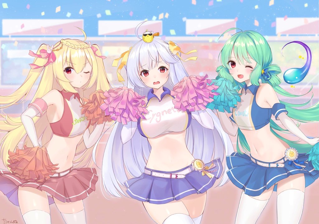 3girls ;d adapted_costume ahoge animal_on_head armpits ass_visible_through_thighs azur_lane bangs bare_shoulders belt bird blonde_hair blue_bow blue_skirt blue_sky blush bow braid braided_bun breasts bunny_hair_ornament chan'nu cheerleader chick collared_shirt comet comet_(azur_lane) commentary_request confetti cowboy_shot crescent_(azur_lane) crop_top cygnet_(azur_lane) cygnet_(royal_fanfare)_(azur_lane) double_bun elbow_gloves eyebrows_visible_through_hair gloves green_hair groin hair_between_eyes hair_bow hair_ornament hair_ribbon hair_rings hands_up large_breasts long_hair looking_at_viewer manjuu_(azur_lane) midriff mirrored multiple_girls navel on_head one_eye_closed open_mouth panties pantyshot pantyshot_(standing) pink_ribbon pom_poms purple_shirt purple_skirt red_eyes red_shirt red_skirt ribbon shirt side_bun sidelocks signature skirt sky sleeveless sleeveless_shirt small_breasts smile stadium standing thigh-highs track_and_field two-tone_shirt two_side_up underwear very_long_hair white_belt white_gloves white_hair white_panties white_shirt yellow_ribbon zettai_ryouiki