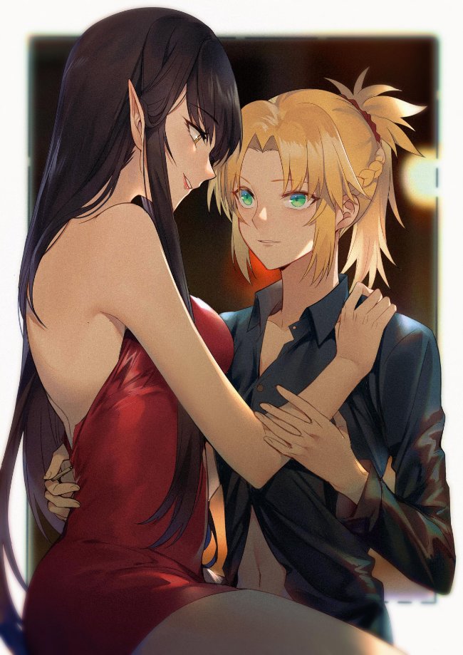 2girls bare_shoulders black_hair black_shirt blonde_hair braid dress english_commentary eye_contact fate/apocrypha fate/grand_order fate_(series) green_eyes hair_ornament hair_scrunchie hand_on_another's_shoulder long_hair looking_at_another medium_hair mordred_(fate) mordred_(fate)_(all) multiple_girls navel pointy_ears red_dress red_scrunchie scrunchie semiramis_(fate) shirt short_ponytail sleeveless sleeveless_dress strapless strapless_dress yellow_eyes yorukun yuri