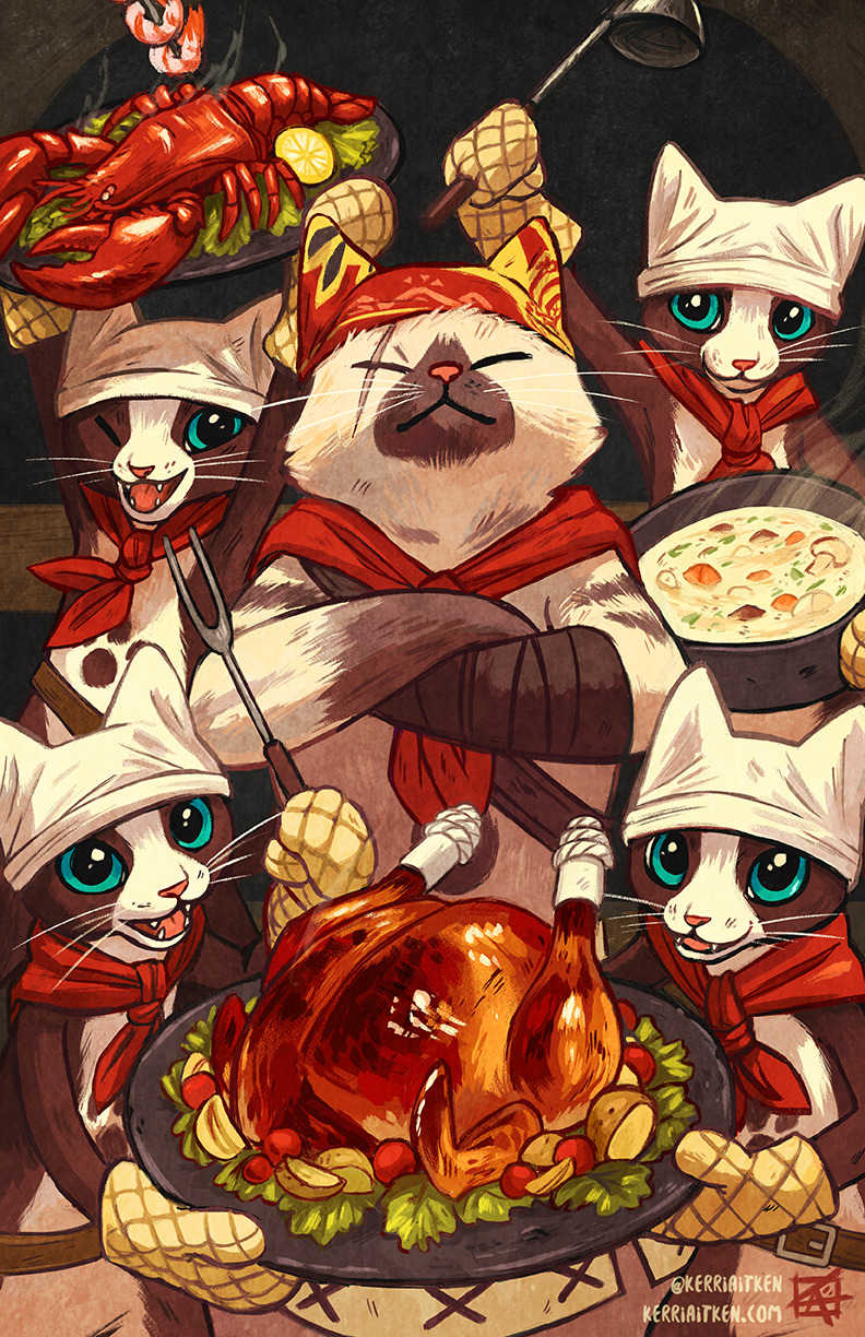 animal_ears ascot bandana cat cat_ears crossed_arms fangs felyne food highres kerri_aitken lobster looking_at_viewer meowscular_chef monster_hunter monster_hunter:_world no_humans oven_mitts plate scar smile soup turkey_(food) whiskers