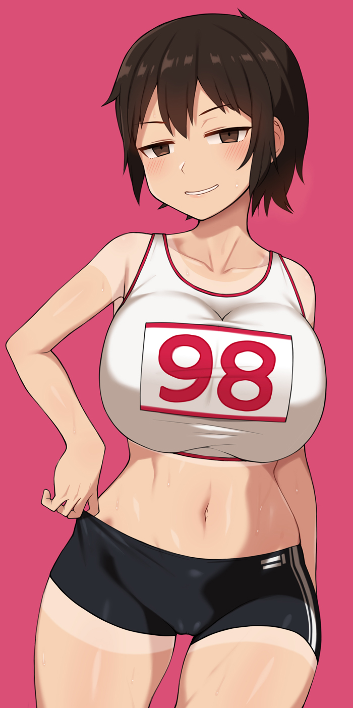 1girl adjusting_clothes adjusting_shorts black_shorts blush breasts brown_eyes brown_hair clothes_writing collarbone cowboy_shot grin gym_shorts highres huge_breasts looking_at_viewer midriff naughty_face navel nt00 original parted_lips red_background short_hair shorts simple_background smile solo sports_bra sweat tan tanline track_and_field