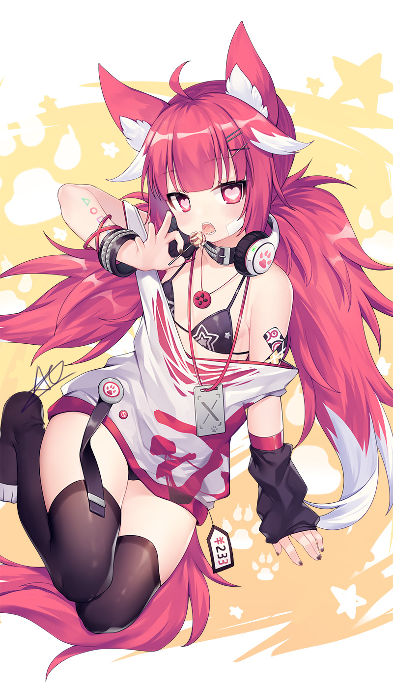 1girl ahoge animal_ear_fluff animal_ears bangs bare_shoulders bikini black_bikini black_legwear black_nails blush breasts candy eyebrows_visible_through_hair food hair_ornament hairclip headphones headphones_around_neck heart heart-shaped_pupils highres holding holding_food holding_lollipop lollipop long_hair looking_at_viewer multicolored_hair nail_polish no_shoes off_shoulder open_mouth original red_eyes redhead saliva shirt small_breasts solo star streaked_hair studded_bracelet swimsuit symbol-shaped_pupils tail thigh-highs tongue tongue_out utm very_long_hair white_hair white_shirt x_hair_ornament