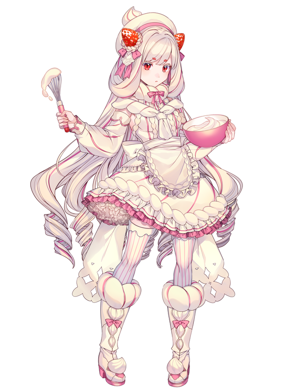 1girl alcremie apron bangs beret blush boots bowl breasts closed_mouth commentary_request cream detached_sleeves dress drill_hair eyebrows_visible_through_hair flower food_themed_hair_ornament frilled_apron frilled_dress frills full_body gen_8_pokemon hair_ornament hair_ribbon hair_rings hat holding holding_bowl katagiri_hachigou knee_boots long_hair long_sleeves multicolored_hair personification petticoat pigeon-toed pink_hair pink_ribbon pokemon red_eyes ribbon silver_hair small_breasts solo standing strawberry_hair_ornament striped striped_legwear two-tone_hair vertical-striped_legwear vertical_stripes very_long_hair waist_apron whisk white_apron white_dress white_flower white_headwear white_legwear