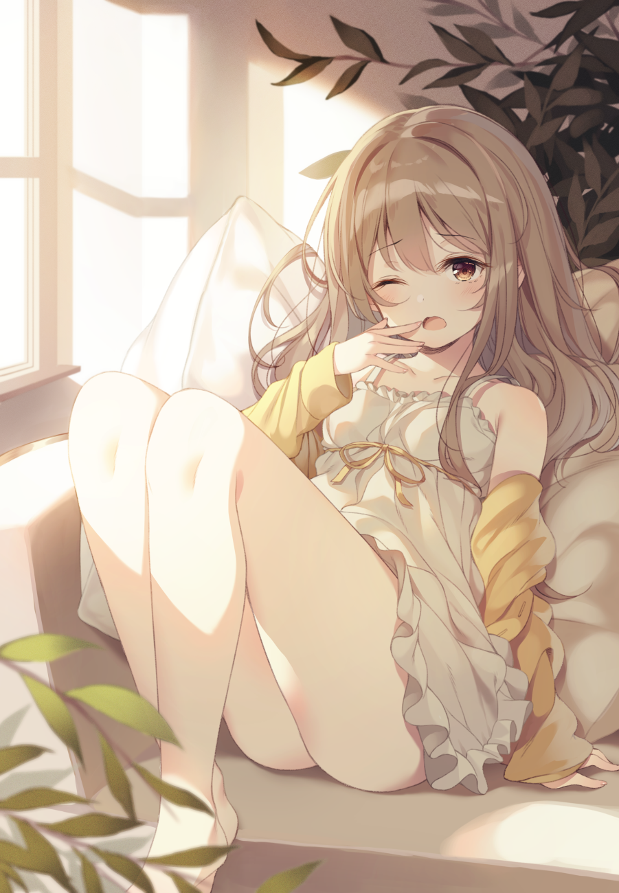 1girl arm_at_side ass bare_shoulders barefoot blush breasts brown_hair couch cushion dress eyebrows_visible_through_hair hand_to_own_mouth highres inhoya2000 jacket knees_up leaf legs long_hair off_shoulder one_eye_closed open_mouth original ribbon sitting small_breasts solo spaghetti_strap thighs white_dress window window_shade yawning yellow_ribbon