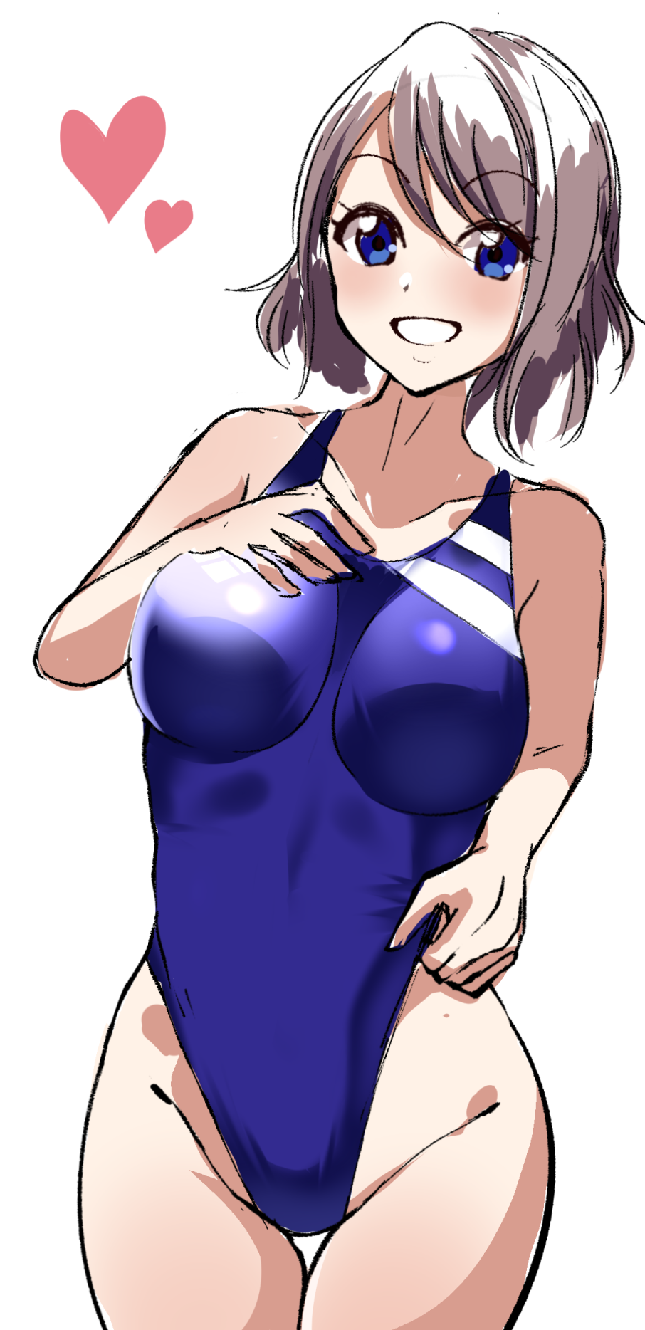 1girl blue_eyes blue_swimsuit breasts collarbone competition_swimsuit cowboy_shot grey_hair grin heart highleg highleg_swimsuit highres looking_at_viewer love_live! love_live!_sunshine!! medium_breasts one-piece_swimsuit short_hair simple_background smile solo standing swimsuit thigh_gap volyz watanabe_you white_background