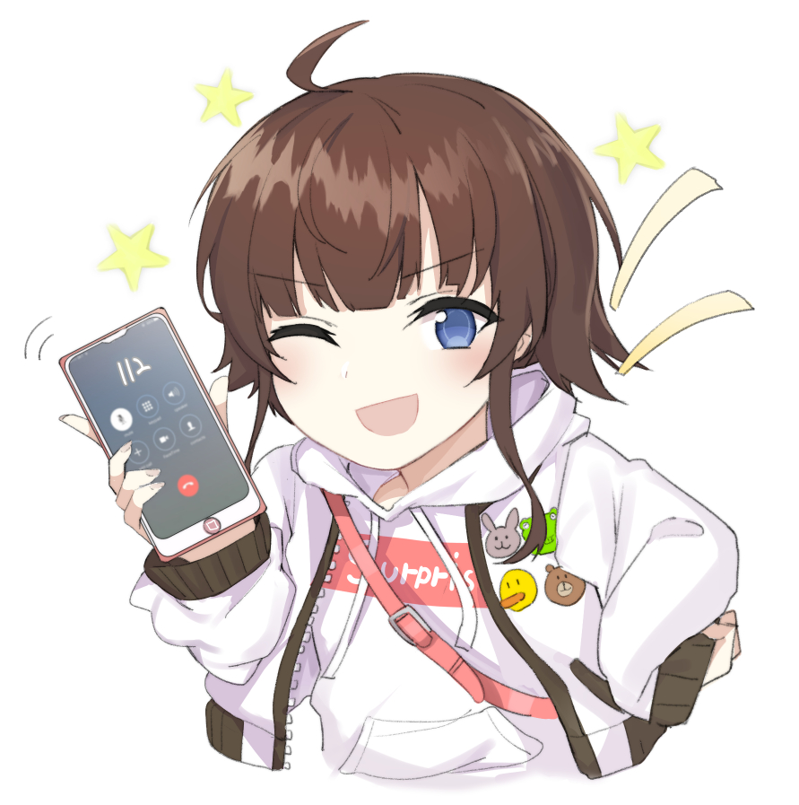 ahoge badge blue_eyes cellphone child copyright_request counter_side long_sleeves one_eye_closed phone smartphone