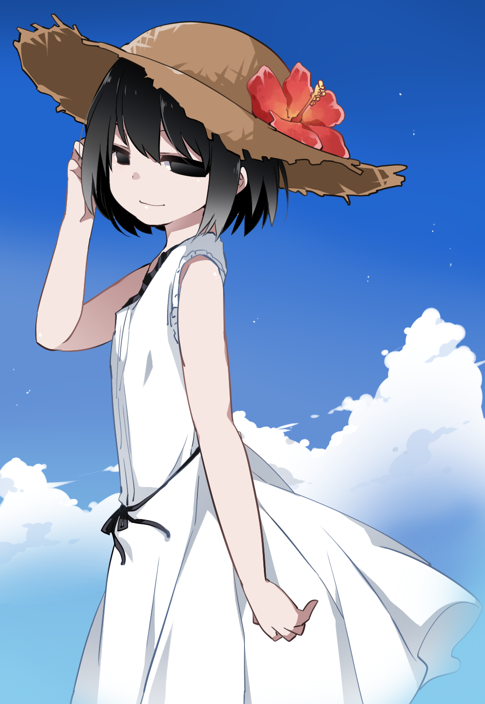 1girl adjusting_hair bangs black_eyes black_hair black_ribbon blue_sky bob_cut clouds commentary cowboy_shot dress empty_eyes flower from_side hammer_(sunset_beach) hand_to_head hat hat_flower highres light_smile looking_at_viewer looking_to_the_side monogatari_(series) no_gloves oshino_ougi red_flower ribbon short_hair sky sleeveless solo straw_hat sundress white_dress