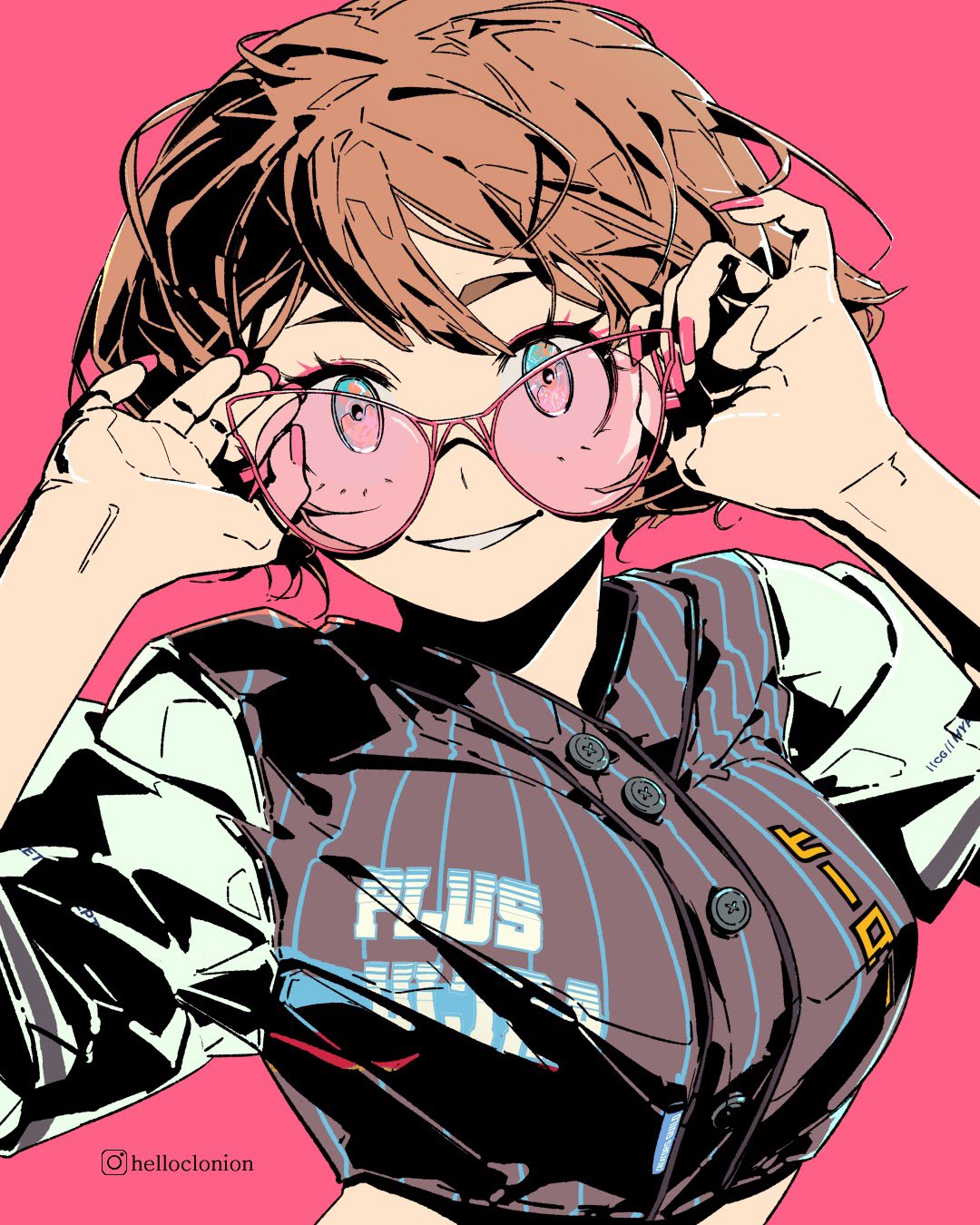 1girl adjusting_eyewear alternate_costume arms_up artist_name boku_no_hero_academia breasts brown_eyes brown_hair clonion eyebrows_visible_through_hair grin highres large_breasts looking_at_viewer parted_lips pink_nails red_background short_hair simple_background smile solo sunglasses twitter_username uraraka_ochako