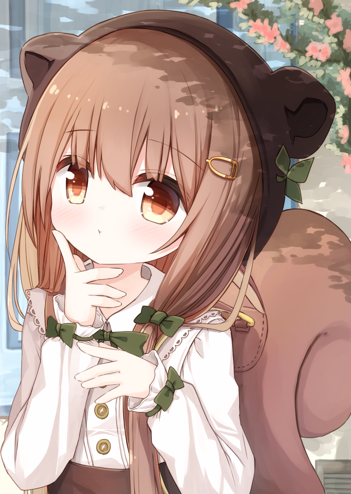 1girl :t animal_ears animal_hat bangs blush bow brown_eyes brown_hair brown_headwear brown_skirt closed_mouth collared_shirt dress_shirt eyebrows_visible_through_hair fake_animal_ears flower green_bow hair_between_eyes hair_bow hair_ornament hair_over_shoulder hairclip hands_up hat index_finger_raised long_hair looking_at_viewer original pink_flower shirt skirt solo squirrel_ears squirrel_tail suspender_skirt suspenders tail very_long_hair white_shirt yuuhagi_(amaretto-no-natsu)