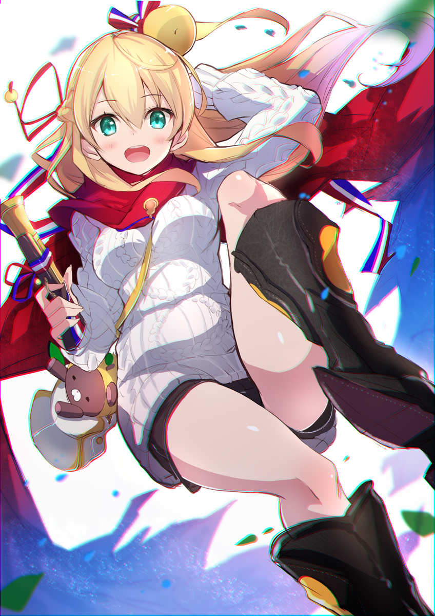 1girl :d aran_sweater arm_up black_shorts blonde_hair blue_eyes blurry boots chromatic_aberration commentary_request fran_(shironeko_project) fuku_kitsune_(fuku_fox) gun hair_ornament handgun highres holding holding_gun holding_weapon knee_up long_hair long_sleeves looking_at_viewer one_side_up open_mouth pistol shironeko_project short_shorts shorts smile solo sweater thighs weapon white_sweater