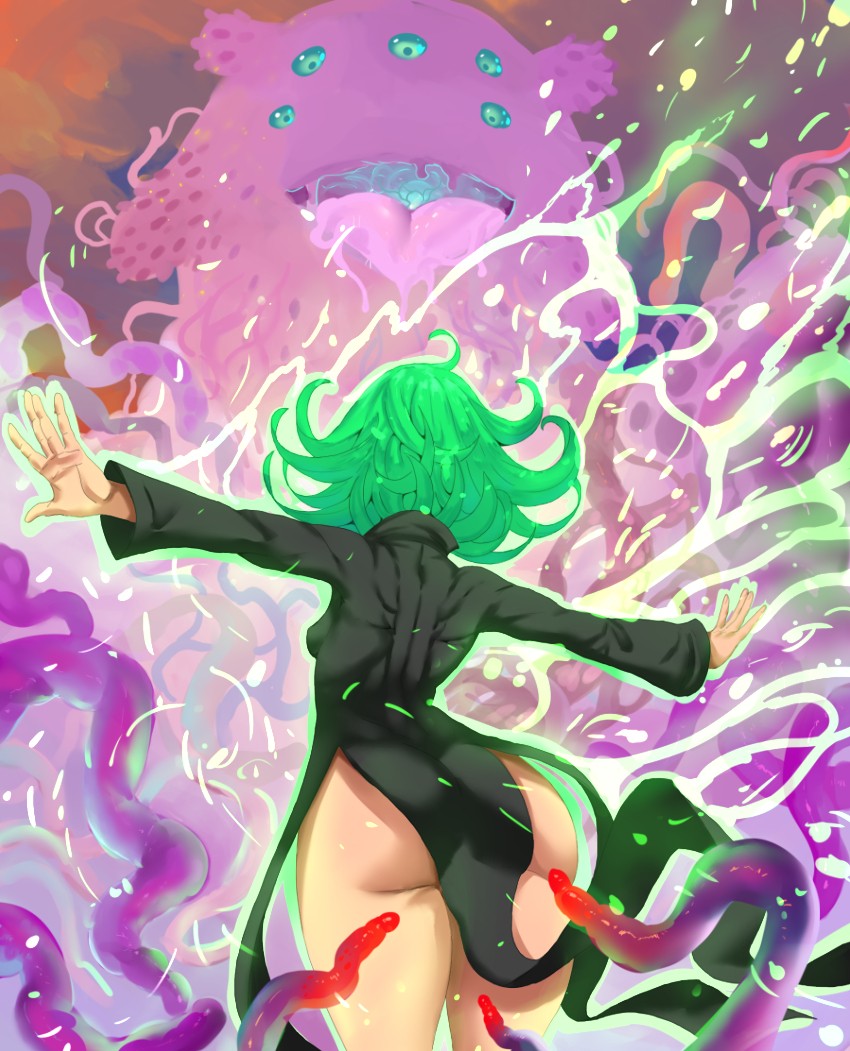 battle dress from_behind glowing green_hair monster slime tatsumaki