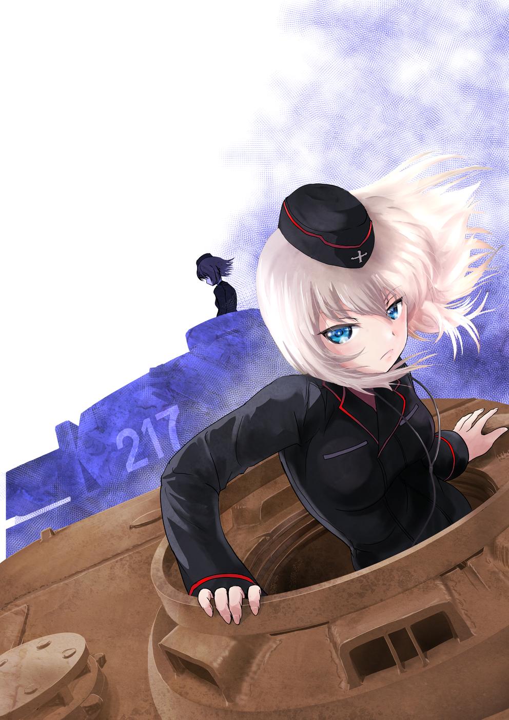 2girls bangs black_headwear black_jacket blue_eyes closed_mouth dress_shirt dutch_angle eyebrows_visible_through_hair frown garrison_cap girls_und_panzer ground_vehicle hat highres insignia itsumi_erika jacket kuromorimine_military_uniform long_sleeves looking_at_viewer medium_hair military military_hat military_uniform military_vehicle motor_vehicle multiple_girls nishizumi_miho scamp_(scamp_f16) shirt short_hair silver_hair tank tank_cupola tiger_i uniform wind wing_collar