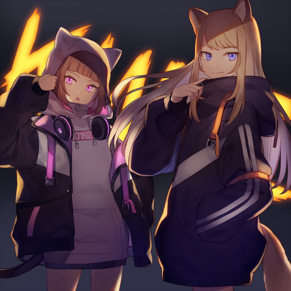 2girls animal_ears animal_hood black_hoodie black_jacket blonde_hair brown_hair cat_tail cowboy_shot dark drawstring fake_animal_ears fox_ears fox_tail hand_in_pocket headphones headphones_around_neck hood hood_down hoodie jacket kmnz long_hair long_sleeves looking_at_viewer mc_lita mc_liz multiple_girls open_clothes open_jacket open_mouth pink_eyes puffy_sleeves shugao smile tail violet_eyes white_hoodie