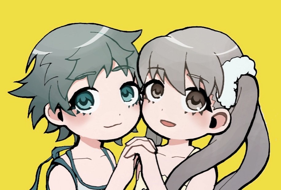 2girls :3 alternate_eye_color alternate_form alternate_hairstyle bangs bare_shoulders brown_eyes camisole closed_mouth collarbone commentary cotton_1186 dress dual_persona face-to-face green_eyes hair_ornament hair_scrunchie holding_hands light_smile long_hair looking_at_viewer monogatari_(series) multiple_girls oikura_sodachi open_mouth owarimonogatari portrait scrunchie short_hair silver_hair simple_background spaghetti_strap sundress twintails very_short_hair white_camisole white_scrunchie yellow_background yellow_dress zokuowarimonogatari