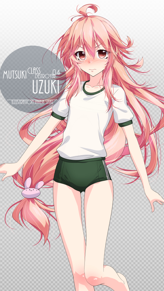 1girl ahoge alternate_costume artist_name blush bunny_hair_ornament buruma character_name commentary_request feet_out_of_frame gradient gradient_background green_buruma gym_uniform hair_ornament inaba_shiki kantai_collection long_hair looking_at_viewer low-tied_long_hair nose_blush pink_hair red_eyes shirt shorts solo standing t-shirt uzuki_(kantai_collection) white_shirt