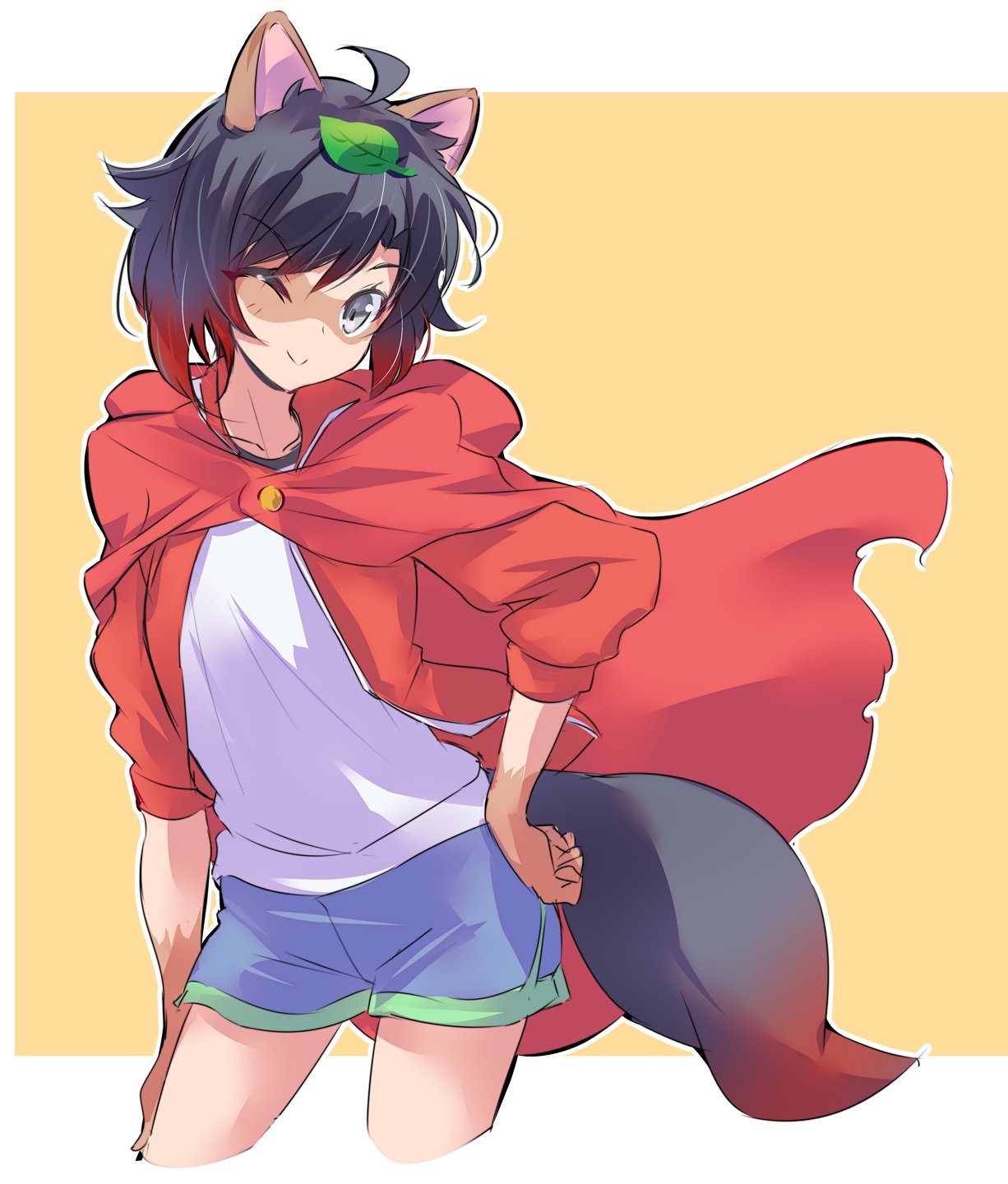 1girl ahoge animal_ears black_hair cape cloak gradient_hair grey_eyes hair_ornament highres hood hooded_cloak iesupa leaf leaf_hair_ornament leaf_on_head multicolored_hair raccoon_ears red_cape redhead ruby_rose rwby short_hair short_shorts shorts solo two-tone_hair