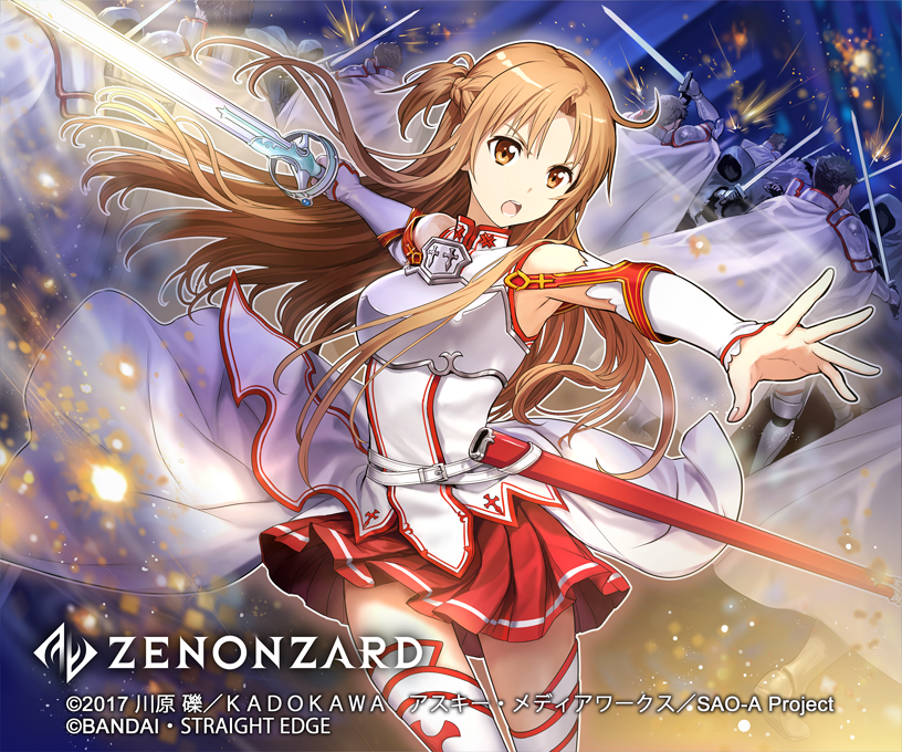 1girl asuna_(sao) bangs bare_shoulders boots braid breasts brown_eyes brown_hair commentary_request eyebrows_visible_through_hair holding holding_sword holding_weapon long_hair looking_at_viewer mayachise medium_breasts official_art open_mouth red_skirt skirt smile solo_focus sword sword_art_online thigh-highs thigh_boots translation_request weapon white_legwear zenonzard