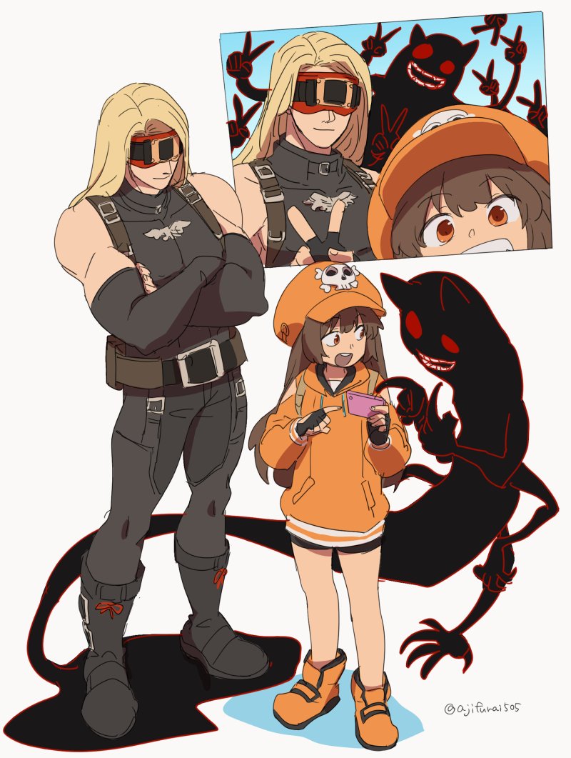 1boy 1girl 1other :d asaya_minoru bare_shoulders black_bodysuit black_footwear black_gloves blindfold blonde_hair bodysuit boots brown_eyes brown_hair cabbie_hat cellphone closed_mouth colored_shadow double_v drawstring eddie_(guilty_gear) fingerless_gloves gloves grey_background grin guilty_gear guilty_gear_strive hat holding holding_phone hood hood_down hoodie long_hair long_sleeves may_(guilty_gear) monster open_mouth orange_footwear orange_headwear orange_hoodie phone red_eyes self_shot shadow skull_and_crossbones sleeveless sleeveless_bodysuit smile standing twitter_username upper_teeth v very_long_hair zato-1