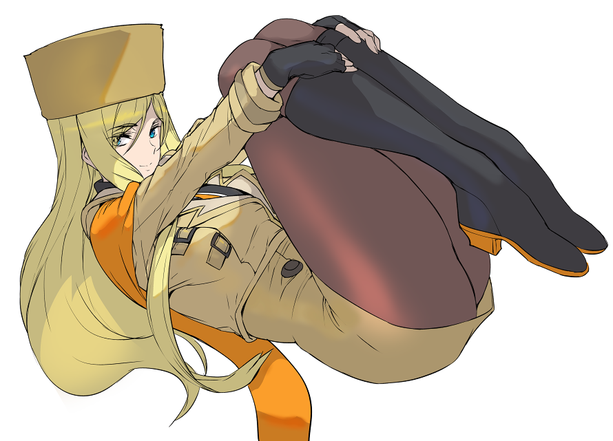 1girl ashiomi_masato black_footwear blonde_hair blue_eyes boots brown_legwear commentary_request curled_up eyes_visible_through_hair fingerless_gloves fur_hat gloves guilty_gear guilty_gear_strive hat jacket long_hair long_sleeves millia_rage orange_scarf pantyhose scarf solo ushanka yellow_headwear