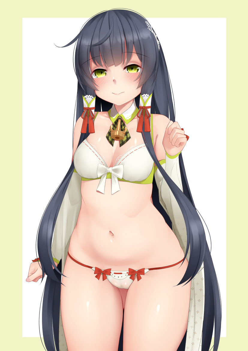 1girl black_hair blush bra breasts closed_mouth hair_ornament hair_ribbon hair_tubes kantai_collection long_hair looking_at_viewer mizuho_(kantai_collection) navel ne_an_ito panties ribbon sidelocks smile solo underwear very_long_hair white_bra white_panties