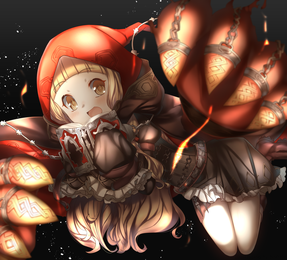 1girl bangs bare_legs black_background blonde_hair blunt_bangs blush book brown_dress chain claws dress eyebrows_visible_through_hair holding holding_book hood hood_up little_red_riding_hood_(sinoalice) long_hair long_sleeves looking_at_viewer open_book open_mouth red_hoodie short_dress simple_background sinoalice sleeves_past_fingers sleeves_past_wrists solo yamai_fake yellow_eyes